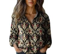Blusa floral para mujer, estampado vintage, de lino, manga larga, con botones, cuello en V, solapa, camisa festiva, blusa holgada, informal, diario, verano, negocios, manga larga, negro-L, 5XL