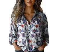 Blusa floral para mujer, estampado vintage, de lino, manga larga, con botones, cuello en V, solapa, camisa festiva, blusa holgada, informal, diario, verano, negocios, manga larga, Azul Cielo-j, 5XL
