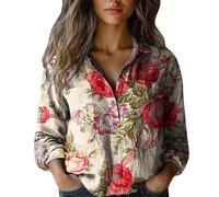 Blusa floral para mujer, estampado vintage, de lino, manga larga, con botones, cuello en V, solapa, camisa festiva, blusa holgada, informal, diario, verano, negocios, manga larga, Rojo-d, 5XL