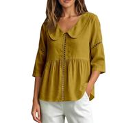 Blusa genérica para mujer calada manga 3/4 cuello claudine corte acampanado plegable camisa mujer patchwork casual cómodo color sólido para las estaciones de primavera y verano, amarillo, L