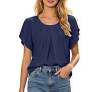 Blusa genérica para mujer de gasa plisada chic y elegante, blusas para mujer, verano, manga corta, fluida, cuello redondo, suelto, transpirable, informal, top corto para playa, vacaciones, trabajo o