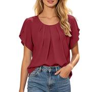 Blusa genérica para mujer de gasa plisada chic y elegante, blusas para mujer, verano, manga corta, fluida, cuello redondo, suelto, transpirable, informal, top corto para playa, vacaciones, trabajo o