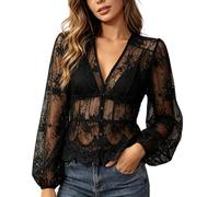 Blusa genérica para mujer, encaje bordado, inglés de manga larga, túnica, blusa boho chic calada, floral, transparente, playa, verano, ropa informal, de moda, fluido elegante, Negro , M