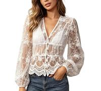 Blusa genérica para mujer, encaje bordado, inglés de manga larga, túnica, blusa boho chic calada, floral, transparente, playa, verano, ropa informal, de moda, fluido elegante, blanco, L