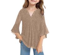 Blusa holgada para niña, cuello de malla y mangas de pétalos, modelo casual de manga larga para niños pequeños, caqui, 9-10 años
