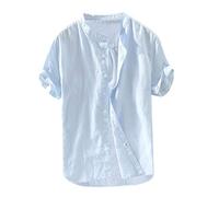 Blusa Hombre Baggy Algodón Lino Sólido Manga Corta Botón Retro Camisetas Tops, 1azul claro, 4X-Large