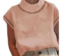 Blusa hueca de mezcla de algodón con cuello medio alto y longitud regular para mujeres que buscan opciones de capas transpirables (rosa L)