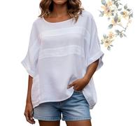 Blusa informal de verano para mujer, cuello redondo, manga murciélago y tres cuartos, ajuste holgado, color liso, informal, con bolsillo, blanco, L
