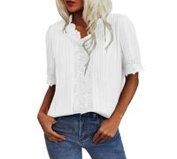 Blusa informal elegante para mujer, manga corta, cuello en V, con encaje, para verano, a la moda, lindas camisas de trabajo para mujer, blanco, XL