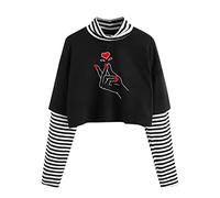 Blusa informal para mujer, color bloque de color, estampado de luna, camiseta a rayas, manga larga, crop, suave, camiseta, blusa, capa de gasa, rojo, XL