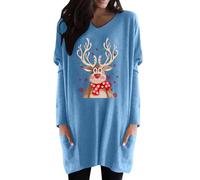 Blusa informal para mujer, cuello en V, estampado navideño, manga larga, blusa, jersey, camiseta holgada, con bolsillos, túnica festiva y elegante, azul celeste, L