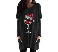 Blusa informal para mujer, cuello en V, estampado navideño, manga larga, blusa, jersey, camiseta suelta, parte superior de Navidad, con bolsillos, vestido de punto para mujer sexy, Negro , M