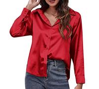 Blusa larga de satén para mujer, camisa de satén para mujer, sexy, elegante, cuello de pico, blusa de raso casual, blusa de seda, parte superior, camiseta de manga larga, túnica, blusa aireada, rojo,