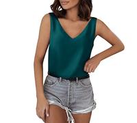 Blusa Mapa del Mundo Camisetas sin mangas para mujer, cuello en V, seda, verano, satén, blusa sin mangas, básica, camisola de invierno, túnica para mujer, verde, M