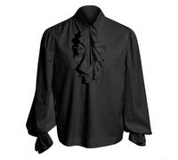 Blusa medieval renacentista steampunk con cuello de volantes para hombre, camisa de vampiro pirata, manga larga, color sólido, casual, con botones, para escenario de teatro, blanco (2XL negro)