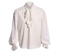 Blusa medieval renacentista steampunk con cuello de volantes para hombre, camisa de vampiro pirata, manga larga, color sólido, casual, con botones, para escenario de teatro, blanco (XL blanco)