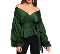 Blusa Mujer Blusas De Manga Larga Para Mujer Blusa Con Cuello En V Y Volantes Blusas Cruzadas Con Lazo En La Cintura Camisas Elegantes(Green,M)