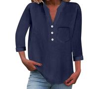 Blusa Mujer Elegante Y Elegante Camisa De Algodón Lino Blusa Mujer Verano Fluido Suelto Larga Camisa Manga 3/4 Blusa Cuello V Color Sólido Ropa Básica Tops Sueltos Transpirable Túnica Simple Blusas