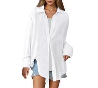 Blusa Mujer Manga Corta Azul Cielo Blusa Mujer Verano Fluido Largo Blusa Glamour Pasaporte Alto Cuello Reverso Manga Larga Camisas Color Sólido Botones Camisas Casual Camisetas, blanco, M