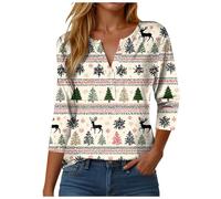 Blusa Navideña Mujer - Camisa Manga 3/4 Cuello en V con Estampado Festivo, Diseño Divertido Santa y Copos, Top Elegante Business Casual para Fiestas, Conjunto de Navidad