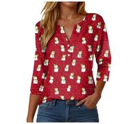 Blusa Navideña Mujer - Camisa Manga 3/4 Cuello en V con Estampado Festivo, Diseño Divertido Santa y Copos, Top Elegante Business Casual para Fiestas, Conjunto de Navidad