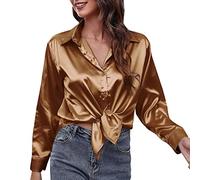 Blusa negra de manga corta para mujer, camisa de satén de imitación, camisa de manga larga, ropa de frontera europea americana, blusa azul real para mujer, marrón, L