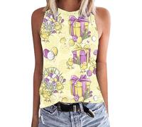 Blusa para mujer, a la moda, cuello redondo, sin mangas, estampada, ajuste de verano, blusa básica, camiseta, chaleco, camiseta cómoda, camiseta con hombros descubiertos para mujer, amarillo, M