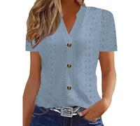 Blusa para mujer con bordado de manga corta, cuello en V, botones, blusa tradicional de verano, #03 Azul, L