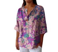 Blusa para mujer de algodón y lino, corte holgado, botón de cuello en V, manga 3/4, informal, cintura ancha, camiseta de gran tamaño, transpirable, tallas grandes, camisetas de verano, morado, L