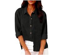 Blusa para Mujer Elegante Mangas Largas Camisa Abotonada con Cuello en V Color Liso Casual Oficina Diario Blusas Moda Corte Suelto Negra Camisa de Trabajo