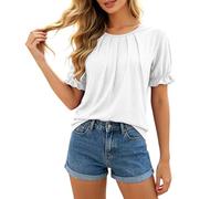 Blusa para mujer, manga abombada, camiseta con cuello redondo, moderna, elegante, camisa de algodón, informal, blusa con plisado, monocolor, túnica fluida, camiseta de verano, Blanco, XL
