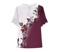 Blusa para mujer Tops Verano Botón Impreso Mujeres Top Encaje Manga Corta Blusa Tops Cuello en V Camiseta Plisado Manga Corta Túnica Batwing Cuello Redondo Camisas Elegante Camisa Blusa, Blanco, XL