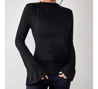 Blusa plisada con cuello en V para mujer con mangas acampanadas para oficina, trabajo, negocios, uso casual, primavera, verano, S-XXL (M es negro)