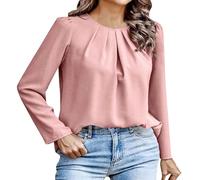 Blusa plisada para mujer, cuello redondo, ajuste clásico, manga larga, color liso, elegante, de secado rápido, casual, plisada, ajuste regular, ropa de mujer, rosa, L