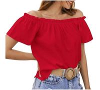 Blusa sexy sin tirantes para mujer, camiseta de manga corta con hombros descubiertos, camiseta ligera de verano, elegante, monocolor, camiseta plisada, blusa sin hombros, blusas para mujer, rojo, M