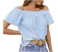 Blusa sexy sin tirantes para mujer, camiseta de manga corta con hombros descubiertos, camiseta ligera de verano, elegante, monocolor, camiseta plisada, blusa sin hombros, blusas para mujer, azul, XXL
