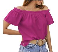 Blusa sexy sin tirantes para mujer, camiseta de manga corta con hombros descubiertos, camiseta ligera de verano, elegante, monocolor, camiseta plisada, blusa sin hombros, blusas para mujer, morado, M