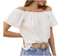 Blusa sexy sin tirantes para mujer, camiseta de manga corta con hombros descubiertos, camiseta ligera de verano, elegante, monocolor, camiseta plisada, blusa sin hombros, blusas para mujer, Blanco, S