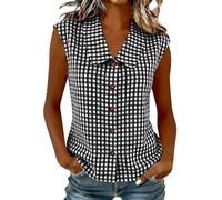 Blusa sin Mangas a Cuadros Vichy con Cuello Peter Pan y Cierre Completo de Botones en el Frente, Tejido Ligero Resistente, Camisa a Cuadros de Corte Relajado para Looks(Black, S)