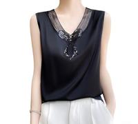 Blusa sin mangas con cuello en V y acabado suave para mujer, con ribete de encaje, ropa casual, tallas del Reino Unido (negro M)