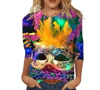 Blusa Superior con Cuello Redondo y Manga 3/4 con Estampado Happy Holidays para Mujer (Blue, XXXL)