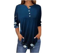 Blusa tipo túnica para mujer, ajuste holgado, manga 3/4, cuello en V, botones, estilo vintage, con bloques de color, estilo vintage, estilo informal, de tres cuartos, para primavera, otoño, para mujer