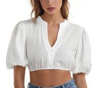 Blusa tirolesa para mujer, blusa sexy de encaje transparente, blusa de encaje, elegante algodón, blusa tradicional tradicional para Oktoberfest Baviera, Blanco, XXL