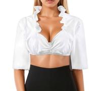 Blusa tirolesa para mujer, color blanco, cuello de pico, blusa tirolesa con mangas de alas, elegante blusa de encaje de manga corta, cuello alto, blusa sencilla para traje tirolés, Oktoberfest, 01