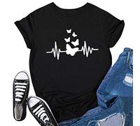Blusa Top Sleeve Heartbeat Casual Print T-Shirt Damen Short O-Neck Damenbluse Seidentop Damen, Negro , XXL