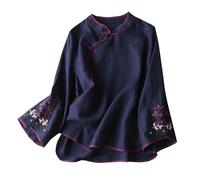 Blusa tradicional china para mujer, bordada, algodón, lino, manga larga, camisa de manga larga, con botones de rana, Cheongsam, cuello en V, camisas de dormir, azul marino, L