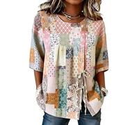 Blusa túnica de Mujer, Estilo Vintage con Estampado Floral y geométrico en Patchwork Manga Corta Cuello Redondo Corte Holgado Informal con Botones Estilo Boho y Bloques de Color Ideal