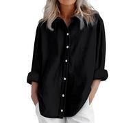 Blusa vaquera de lino para mujer, camisas de manga larga, blusas informales, corte holgado, blusa azul y blanca a rayas para mujer, Negro , 3XL