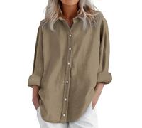 Blusa vaquera de lino para mujer, camisas de manga larga, blusas informales, corte holgado, blusa azul y blanca a rayas para mujer, caqui, S