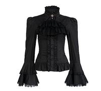 Blusa victoriana Camisa pirata gótica para mujer Tops con volantes de loto de manga larga vintage (010 Negro,XXL)